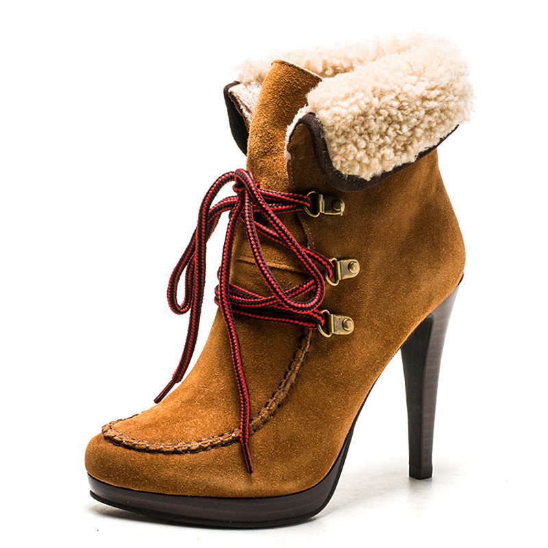 加绒棉靴冬超高跟水台真皮短靴子女翻折领绑带牛皮DF44117126