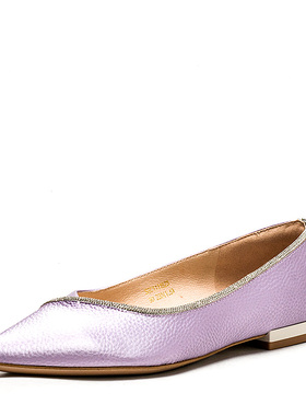 真皮单鞋女春秋紫色牛皮鞋子尖头镶钻细带礼服百搭宴会SSC1111523