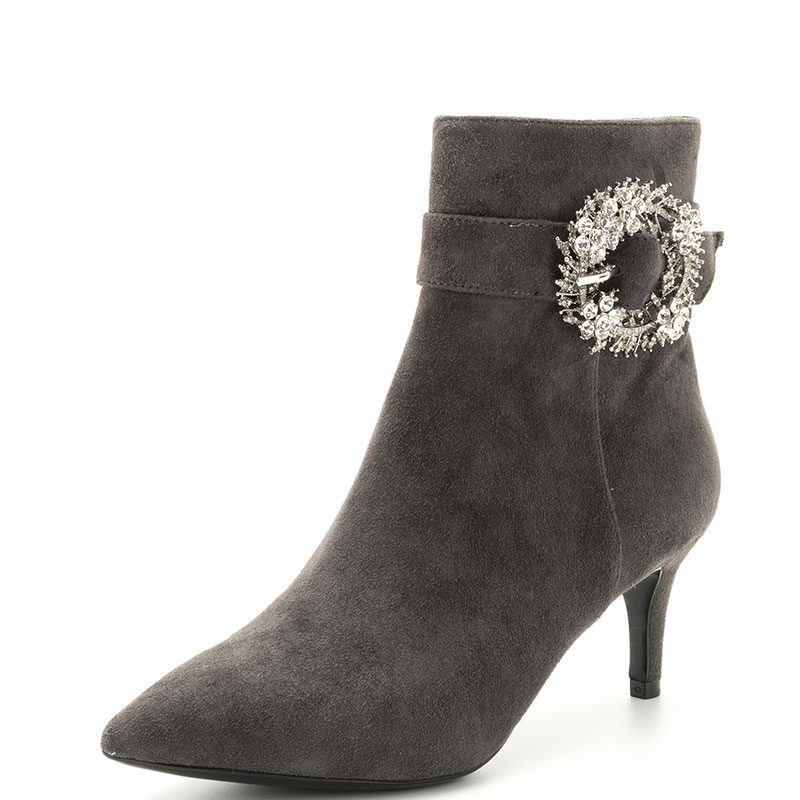 羊猄真皮短靴子女冬灰色羊皮尖头