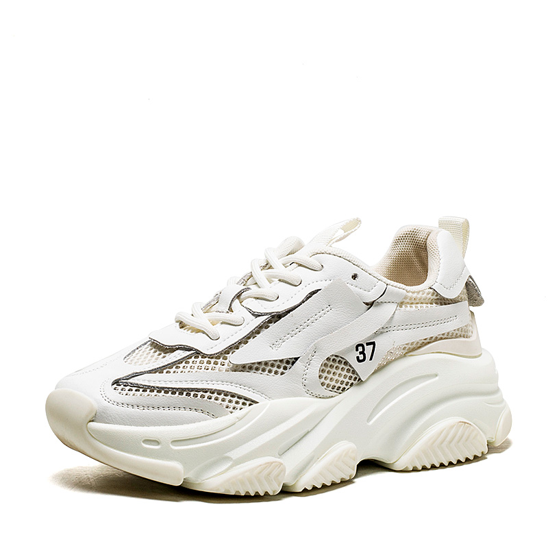 厚底老爹小白鞋子网布拼接白色牛皮真皮休闲女绑带中跟MD13112038