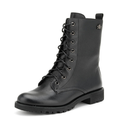 真皮马丁短靴子女冬黑色牛皮圆头绑带拉链金属扣骷髅头SS64117012