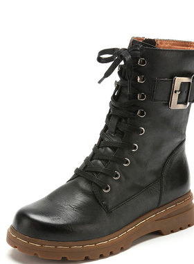 真皮短靴子女冬牛皮搭扣马丁靴圆头拉链低坡跟百搭中性SF34S72393