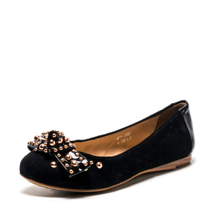 羊猄真皮单鞋女春秋圆头黑色羊皮鞋子平底跟铆钉蝴蝶结MF21S19302