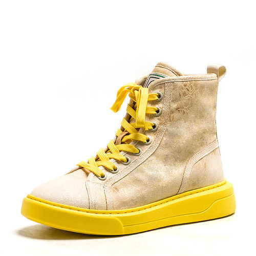 麻料帆布马丁短靴子女休闲彩色拼接绑带厚底水台低坡跟DF21112057