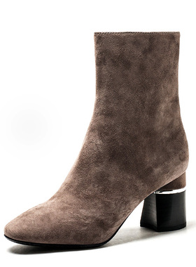 羊猄真皮大底短靴子女冬圆头高粗跟侧拉链素版优雅舒适MFF4116001