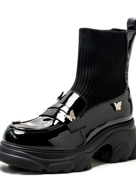 40码大码真皮短靴子女冬圆头厚底水台粗跟黑色牛皮袜靴MD43116D12