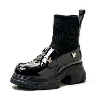 40码大码真皮短靴子女冬圆头厚底水台粗跟黑色牛皮袜靴MD43116D12