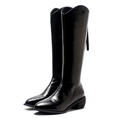 黑色皮革长靴子女冬黑色尖头粗跟后拉链流苏带中跟百搭MD34117D15