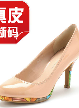 大码漆面牛皮低帮圆头纯色高跟鞋