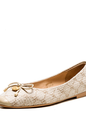 小香风单鞋女春秋方头平跟蝴蝶结真皮内里鞋子米色织物DF41111005