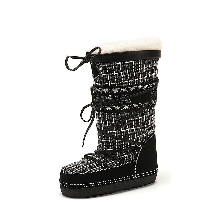 加厚棉靴暖脚学生长靴子女冬圆头平底跟小香风粗花呢布SF24SL0011