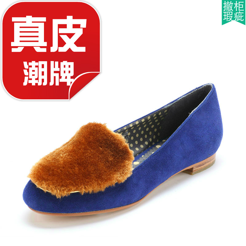 绒面羊皮女鞋子真皮单鞋平跟套脚毛毛拼色时尚欧美套脚KL23S13325