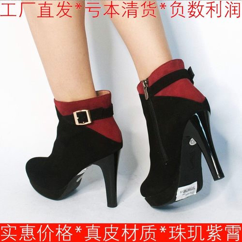 羊猄真皮短靴子女高跟水台拉链皮搭扣绒面羊皮拼接黑色SS34S73182