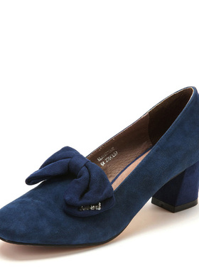 羊猄真皮乐福鞋子女春秋深蓝色蝴蝶结方头单鞋粗跟中跟KL33S23002