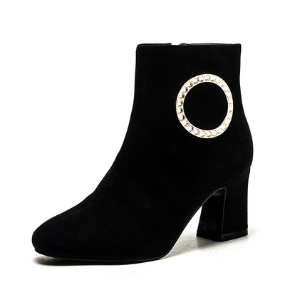 羊猄真皮短靴子女冬黑色羊皮圆头