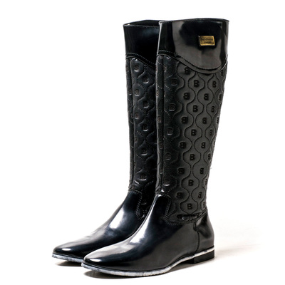 中古风话就真皮长靴子女冬黑色牛皮圆头拼羊皮平跟拉链BA74SF8604