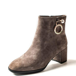 羊猄全真皮短靴子女冬灰色方头羊皮金属扣珍珠拉链粗跟SS84116494