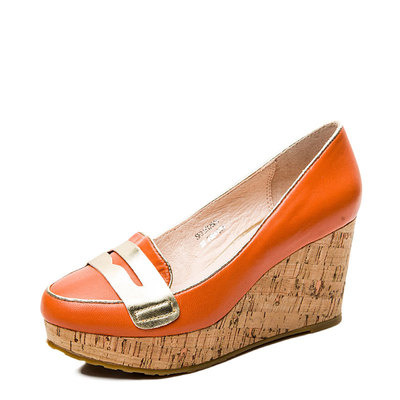 瑕疵真皮乐福鞋子女高坡跟拼接色牛皮单鞋厚底木纹水台SF31S12505