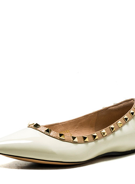 真皮单鞋女春秋粉色漆面牛皮尖头鞋子铆钉内增低跟百搭SSC111102L