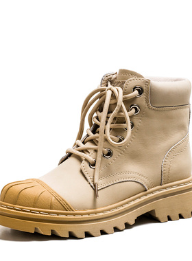 真皮短靴子女冬杏色牛皮贝壳圆头工装马丁靴低粗跟绑带MD34116023