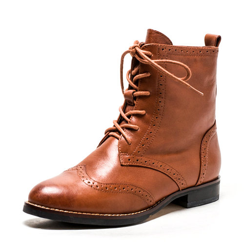 小码清仓真皮短靴子女棕色牛皮马丁靴系带拉链低跟雕花SS54112975