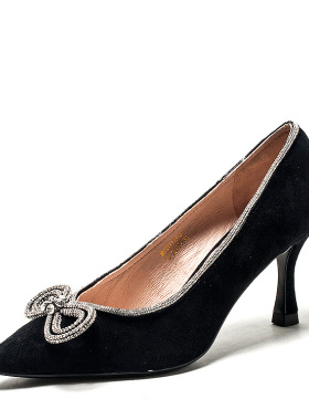 撤柜真皮女鞋子黑色绒面羊皮高跟单鞋尖头浅口蝴蝶结钻MD13111012