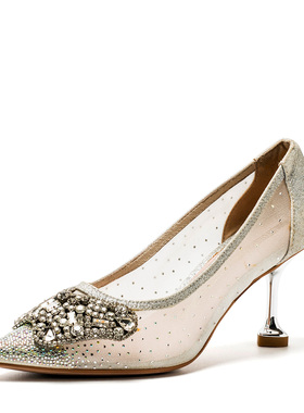 网纱水晶鞋子礼服镶钻闪闪单鞋女尖头高跟金属扣蝴蝶结MD21111003