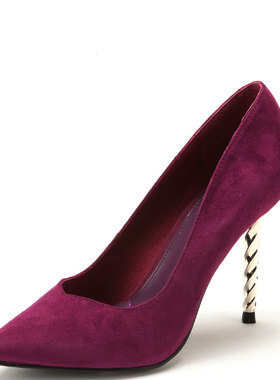 羊猄真皮单鞋女春秋紫色羊皮尖头超细高跟性感礼服鞋子DF43110045