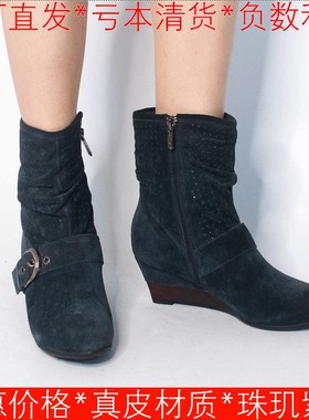 真皮短靴子女冬磨砂牛皮圆头皮跟拉链金属扣复古中坡跟SFA3SF3303