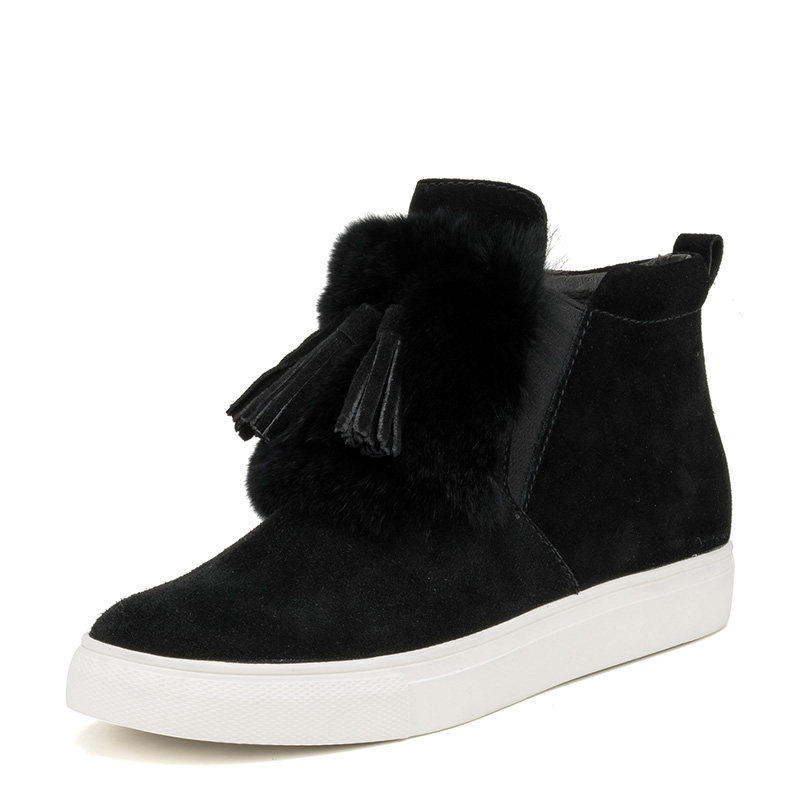 休闲真皮短靴子女冬黑色磨砂牛皮拼接兔毛毛流苏平底跟SS64117239