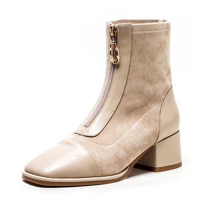 真皮短靴子女冬弹力袜靴羊皮方头拼接粗跟前拉链鬼帝靴FB14116013