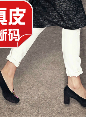 真皮女鞋羊猄拼马毛皮单鞋粗跟套脚秋鞋子高跟水台乐福SF33S11306