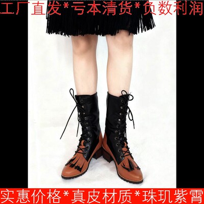 真皮马丁靴圆头粗跟短靴子真皮
