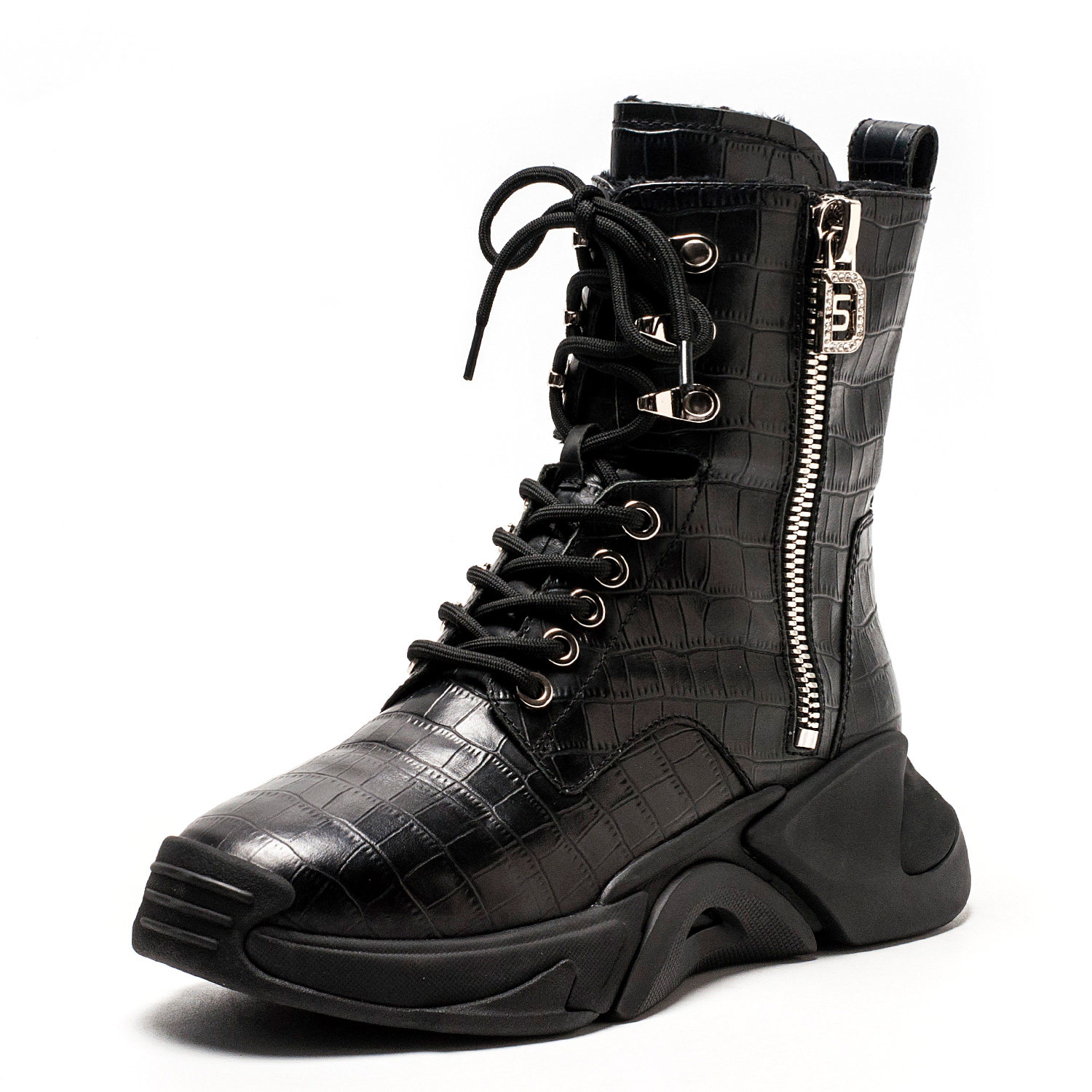 加绒棉靴休闲真皮马丁短靴子女冬黑色牛皮坡跟厚底水台DF24118543