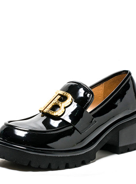 真皮乐福鞋子黑色牛皮单鞋女圆头厚底水台高粗跟金属扣MD13112030