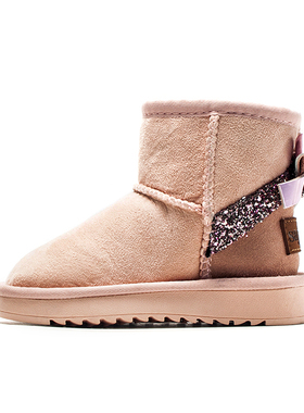 儿童女羊毛加厚雪地靴粉色棉靴真皮短靴子蝴蝶结亮片闪SF6413A014
