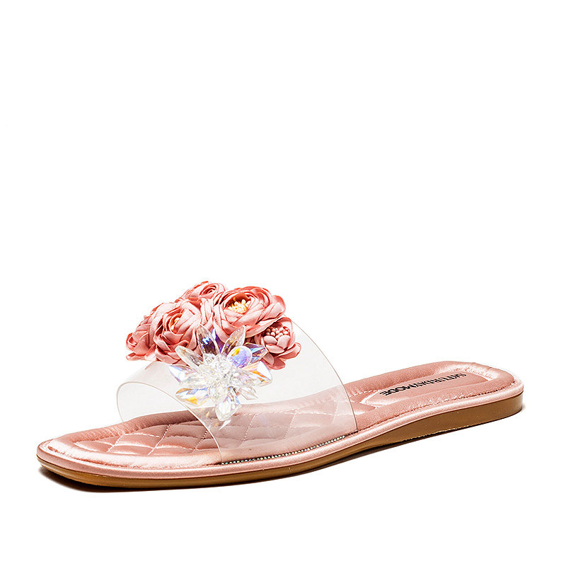花朵粉色玫瑰透明凉拖鞋女夏外穿
