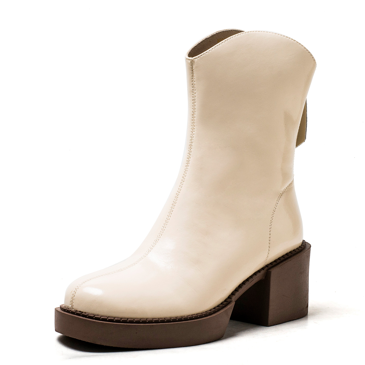 断码真皮短靴子女冬米白色牛皮圆头厚底水台粗跟后拉链MD24116D07