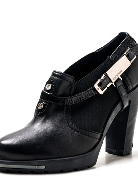 真皮及踝单鞋短靴子女秋冬超高粗跟水台牛皮搭扣松紧带BA83SF6300