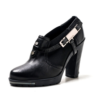 真皮及踝单鞋短靴子女秋冬超高粗跟水台牛皮搭扣松紧带BA83SF6300