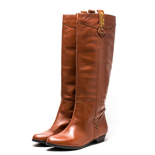 全真皮长靴子女冬棕色头层牛皮尖头低跟套筒沙漠靴马靴8344949703