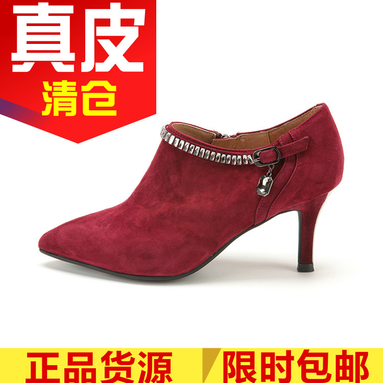 深口酒红色绒面羊猄皮小尖头鞋子