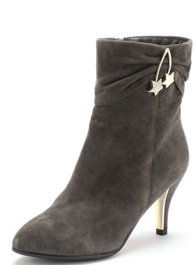 羊猄真皮短靴子女冬灰色羊皮高跟金属扣五角星拉链褶皱FBA3SG2321