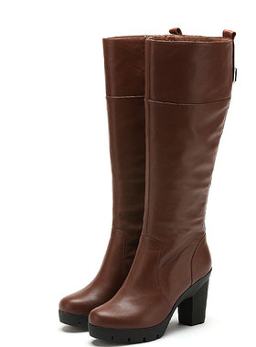 小码真皮短靴子女冬深棕色牛皮圆头高粗跟拉链水台舒适SF34S91203