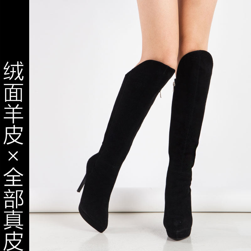 羊猄真皮长靴子女冬尖头细高跟黑