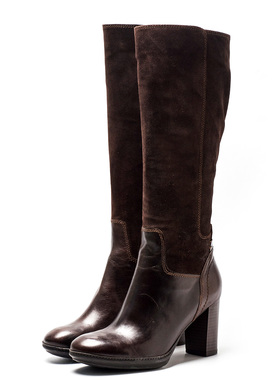 真皮长靴子女冬咖啡棕色牛皮圆头拼接牛反绒高粗跟拉链SDA4SC4673