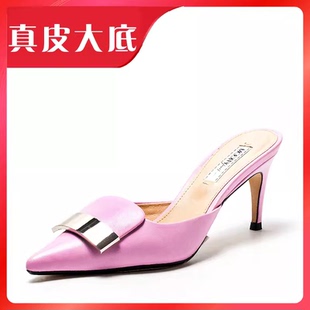 真皮大底包头凉拖女鞋子夏外穿穆勒鞋羊皮尖头高跟方扣MFF1110005
