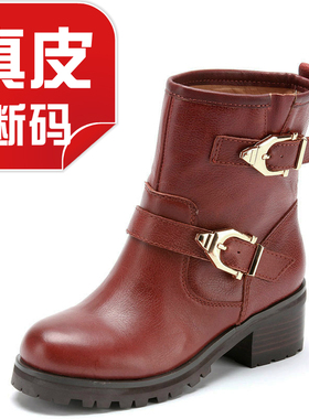真皮机车短靴子女双搭扣荔枝纹牛皮帅气圆头套筒中性风SF34S73705