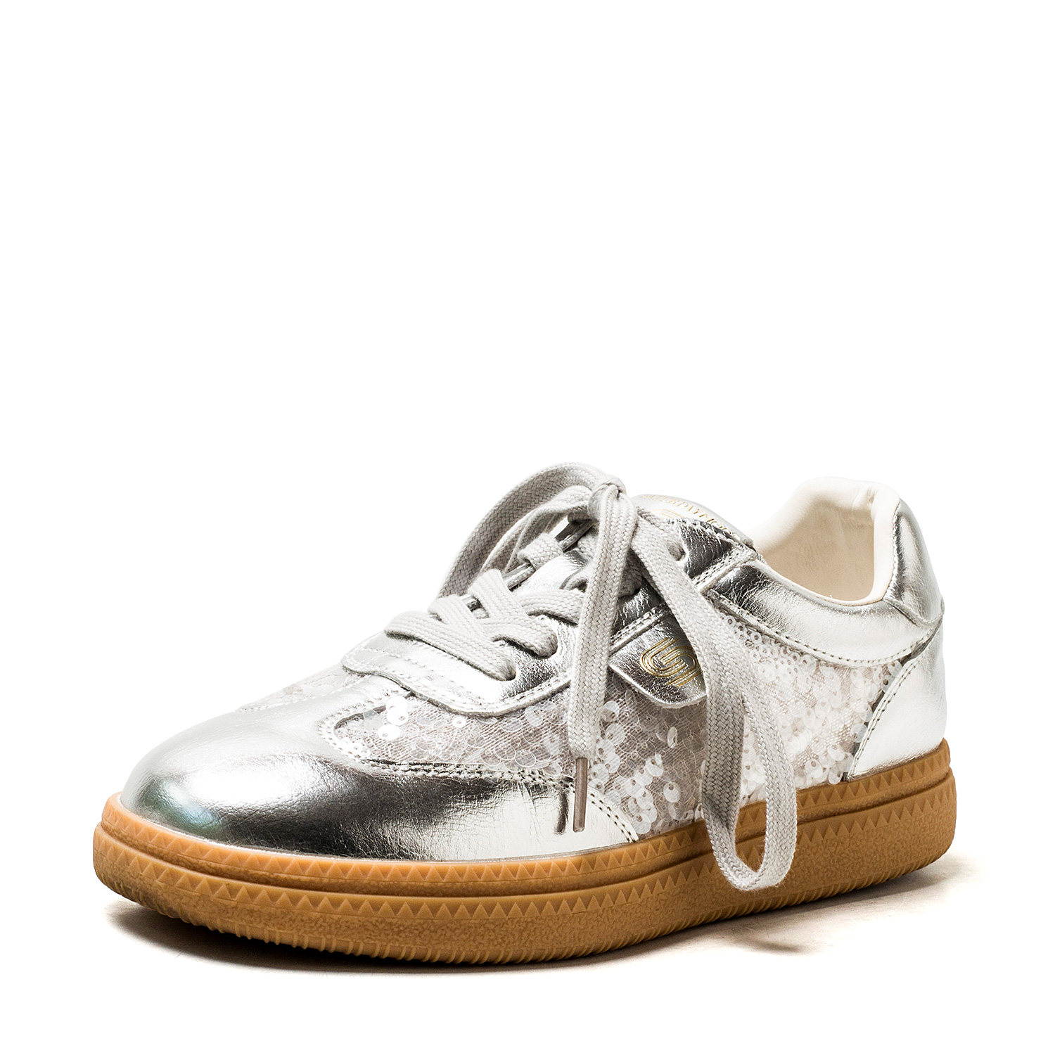 亮片网纱拼接银色皮鞋子女圆头厚底平跟绑带单鞋真皮里MD43112D03