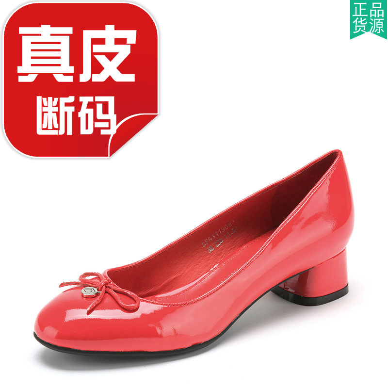 红色漆面牛皮低粗跟蝴蝶结鞋子